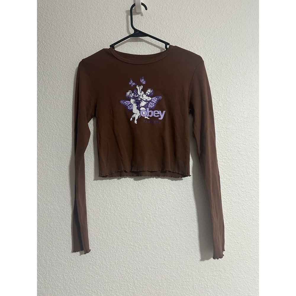 NWOT Obey Cherubs Its All Love S Cropped Long Sleeve T-Shirt Brown Purple Ruffle
